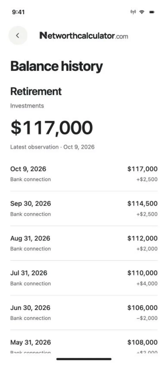 App design preview: Balance history for a retirement account: $117,000 on Oct 9, 2026, with earlier month-end balances. Sample balances.