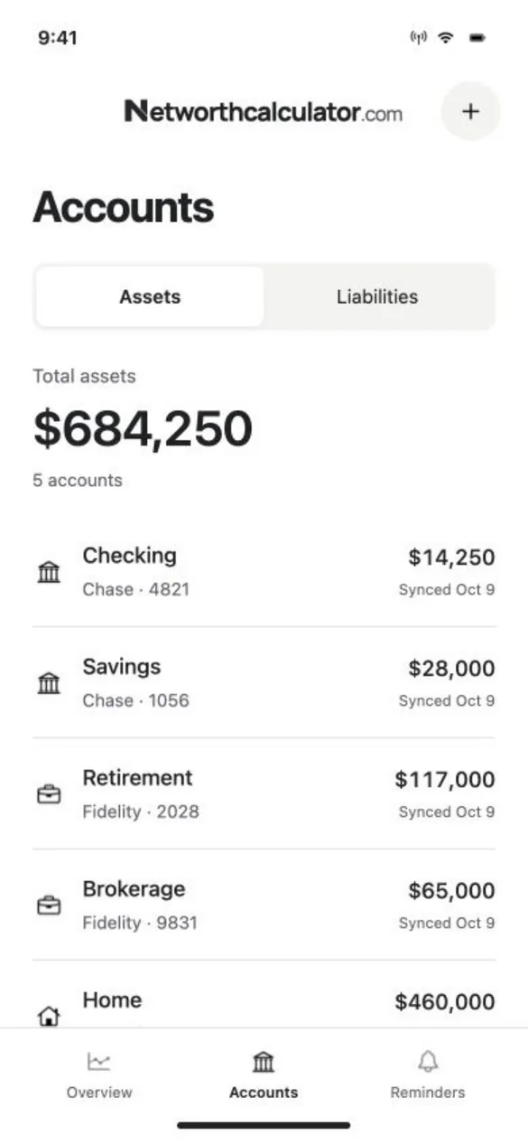 App design preview: Accounts list: total assets of $684,250 across checking, savings, retirement, brokerage and home. Sample balances.