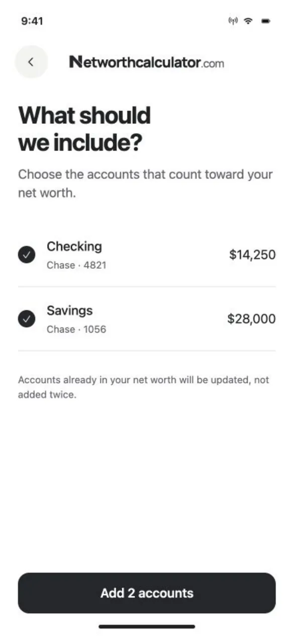 App design preview: What should we include? Checking at $14,250 and savings at $28,000, both selected. Sample balances.