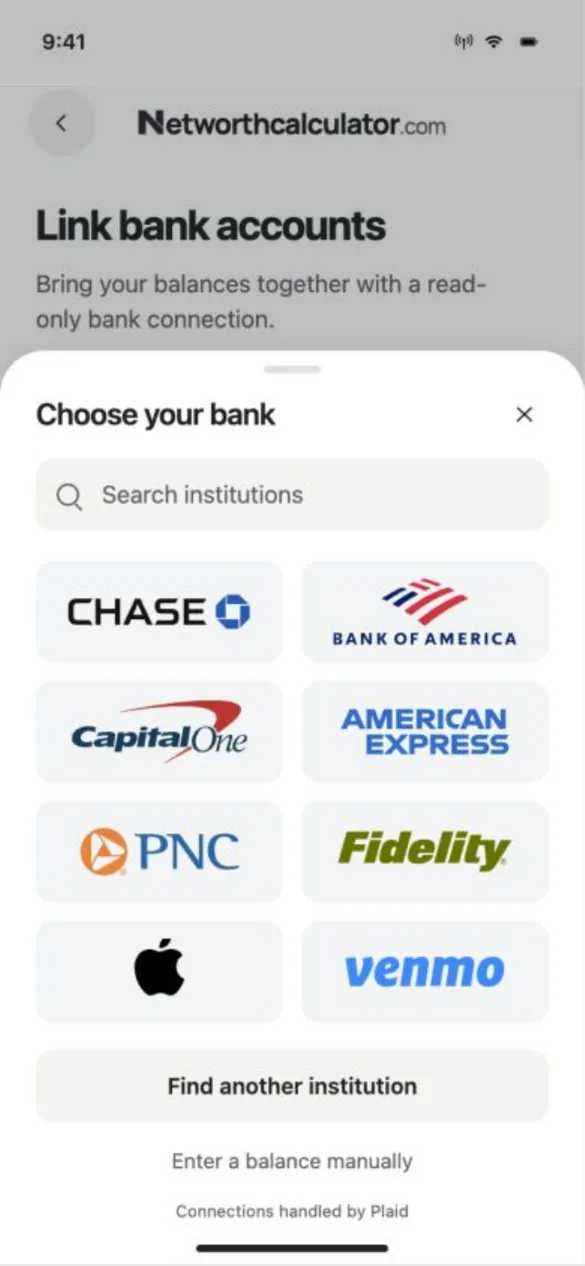 App design preview: Choose your bank: a Plaid bank picker with a search box and bank logos, plus an option to enter a balance manually. Sample balances.