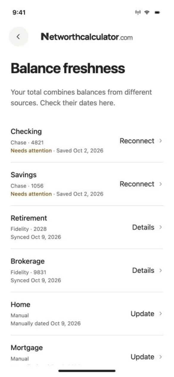 App design preview: Balance freshness: each account with its last sync date, and two Chase accounts that need attention. Sample balances.